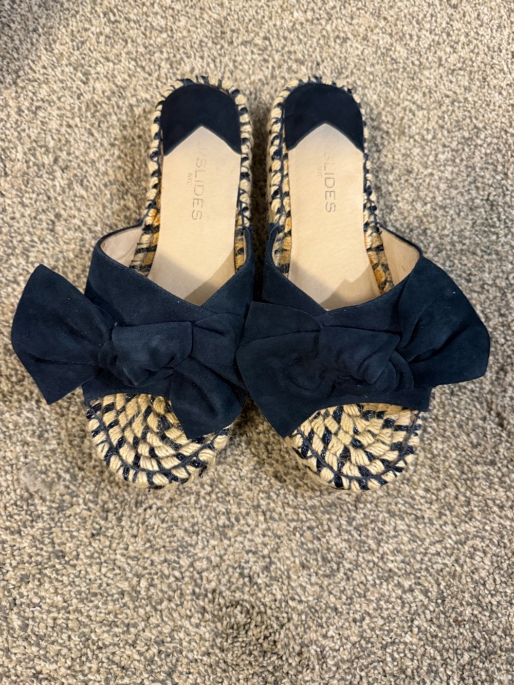 Size 8.5. Women's J/Slides black suede espadrille sandals with a large bow. EUC